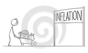 Frustrated Wealthy Man Carrying His Money Looking at Inflation Sign, Vector Cartoon Stick Figure Illustration