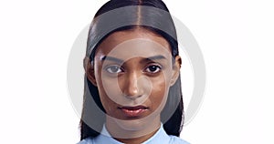 Frustrated woman, face and eye, roll or attitude in studio for no, emoji or decision on white background. Annoyed