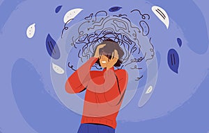 Frustrated woman with nervous problem feel anxiety and confusion of thoughts vector flat illustration. Mental disorder