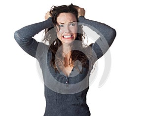 Frustrated woman pullinh ger hair