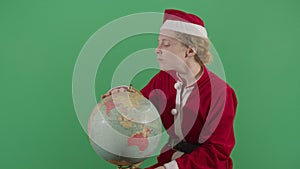 Frustrated Woman Santa Claus Searching The Globe