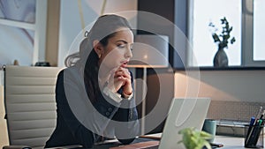 Frustrated woman typing smartphone message at buro closeup. Lady closed laptop