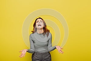 frustrated woman whining and gesturing isolated