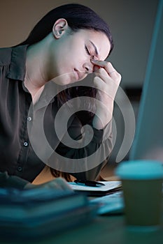 Frustrated woman, working at night in office with computer and mental health of corporate business worker. Overworked