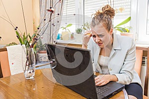 Frustrated young caucasian businesswoman