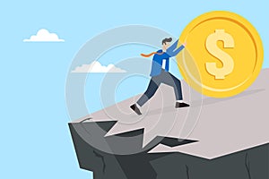 Frustration businessman struggling pushes money coin of the cliff in flat design