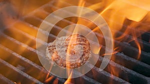 Fry burger meat on grill. Picnic outside. meat is grilled . Barbecue grill.