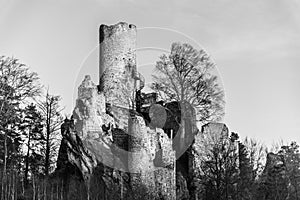 Frydstejn Castle. Medieval ruins with stone tower. Bohemian Pradise, Czech: Cesky raj, Czech Republic