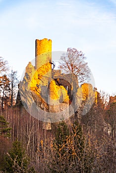 Frydstejn Castle. Medieval ruins with stone tower. Bohemian Pradise, Czech: Cesky raj, Czech Republic