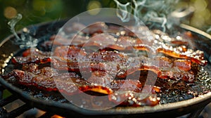 Frying bacon on a grill outdoors.