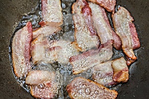 Frying bacon in the pan.