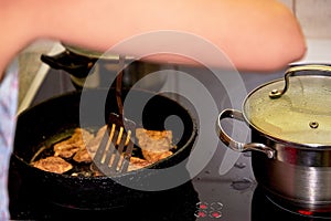 Frying chicken in a pan. Cooking potatoes