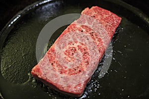 Frying delicious Wagyu in cast iron pan