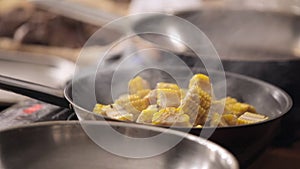 Frying of food on a frying pan. Cooking of food on a frying pan in kitchen. Vegetables are pan fried. Beautiful frying