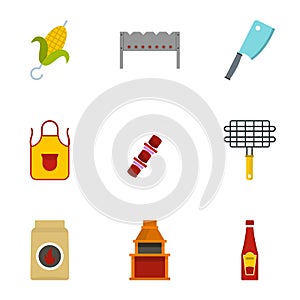 Frying meat icons set, flat style