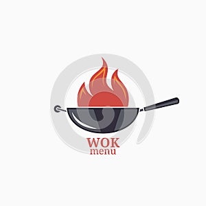 Frying pan design menu. Wok with fire flame