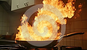 Frying pan with flames leaping from it in a dramatic kitchen accident showcasing fire hazard