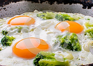 The frying pan fried eggs with broccoli and wood background