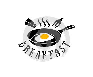 Frying pan with fried eggs, salt cellar and fork, logo design. Breakfast, restaurant, snack bar, fast food, organic and natural fo