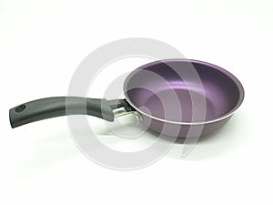 Frying pan or frypan or skillet a flat-bottomed pan used for frying, searing, and browning foods in white isolated background