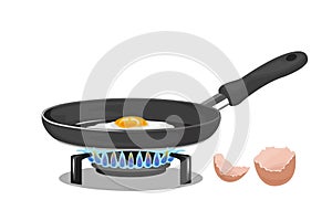 Frying pan on a gas stove with a fried egg and eggshell isolated