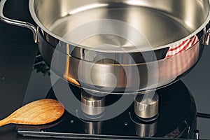Frying pan on the gas stove in a kitchen