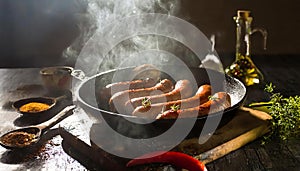 A frying pan of hot beef sausages with spices and oil on a rustic table