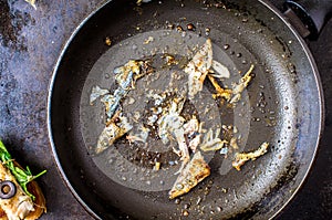 Frying pan with the leftovers fish