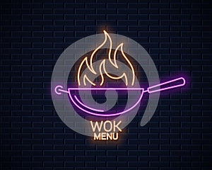 Frying pan neon sign. Wok with fire flame neon