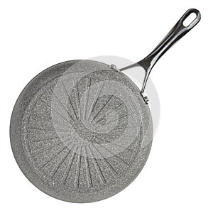 Frying pan with non-stick coating on a white isolated background. New gray frying pan, clipart for inserting into a