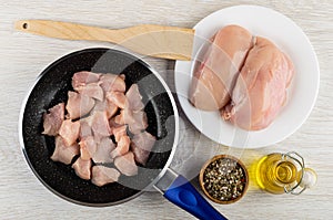 Frying pan with raw chicken breast, chicken meat in plate, spatula, bowl with condiment, bottle with vegetable oil on table. Top