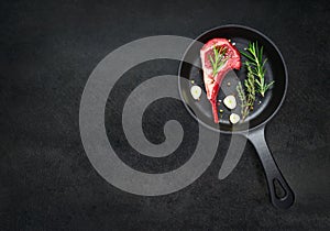 Frying Pan with Raw Lamb Chops on Copy Space