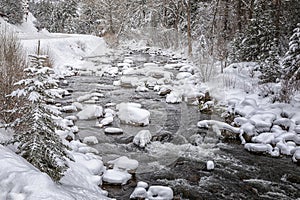 Frying Pan River winter scene with freshly fallen snow