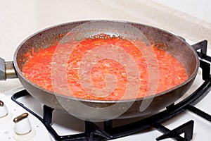 Frying pan with roasted vegetables to borscht