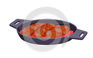 Frying pan with sausages in tomato sauce, cast iron skillet with handles and cooked meat