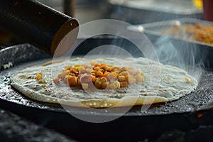 A frying pan with various food items arranged neatly on top, including vegetables, meat, and grains, ready to be cooked, A Dosa