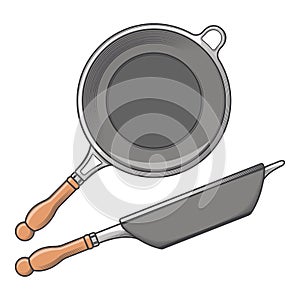 Frying pans (side and top view) isolated on a white background. Color line art. Cookware retro design.