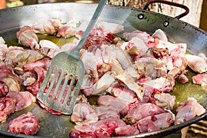 Frying pieces of rabbit and chicken meat in large flat pan. Preparing ingredients for paella or jambalaya