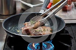 Frying Steak on Pan, Steak in the pan in the Kitchen