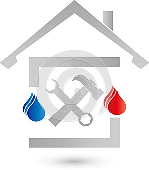 House, water and flame, plumber logo, tools logo, plumber icon, logo