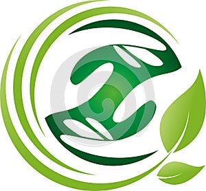 Hands and leaves, two hands logo, alternative practitioner and gardener, massage and physiotherapy, wellness and alternative