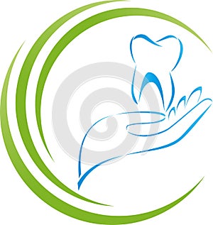 Tooth logo, hand and tooth, dentist and dentistry background, dentists logo photo