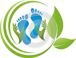 Hands and feet background, physiotherapy and podiatry background, massage and foot care background, logo photo