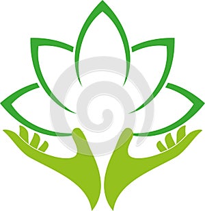 Hands and leaves, two hands logo, alternative practitioner and gardener, massage and physiotherapy, wellness and alternative