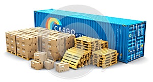 40 ft cargo container and shipping pallets with cardboard boxes