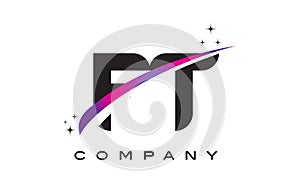 FT F T Black Letter Logo Design with Purple Magenta Swoosh