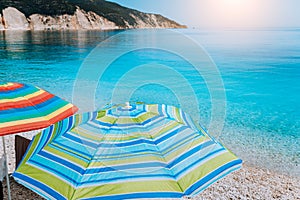 Fteri beach in Kefalonia Island, Greece. One of the most beautiful untouched pebble beach with pure azure emerald sea