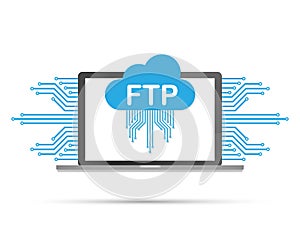 FTP file transfer icon on laptop. FTP technology icon. Transfer data to server. Vector illustration.