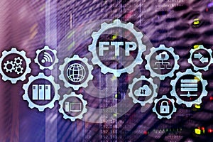 FTP. File Transfer Protocol. Network Transfer data to server on supercomputer background. photo