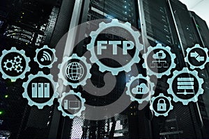 FTP. File Transfer Protocol. Network Transfer data to server on supercomputer background.